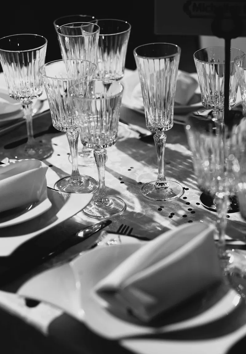 Crystal glassware on a laid dining table